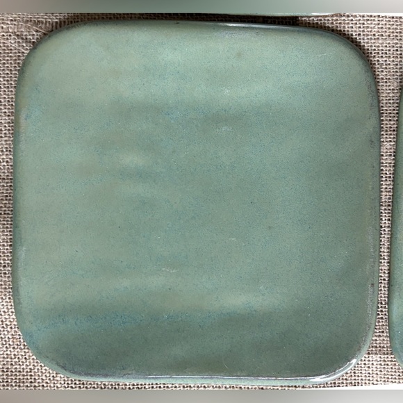 Sage Celadon Green Square Salad Plate Set Signed Art Pottery Cottage Goblin Core - Picture 5 of 9